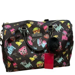Betsey Johnson black pug dog weekender travel duffel bag.